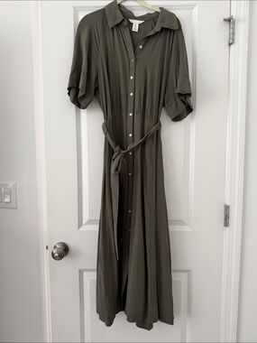 H&M Olive Green Button-Front Maxi Dress with Tie Waist